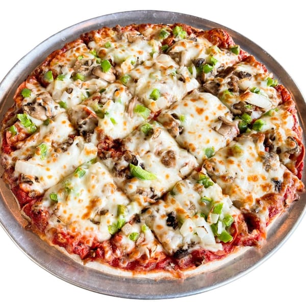 Jimmy's Pizza with melted cheese, mushrooms, green peppers, and onions on a metal pan.